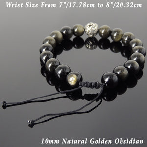 Healing Golden Obsidian Gemstones, Non-Plated Sterling Silver Elegantly Carved Dragon Bead, Handmade Braided Adjustable Drawstring Bracelet, Symbol of protection, courage, tranquility, strength, love, spirituality