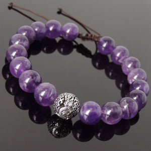 Healing Amethyst Crystal Gemstones, Elegantly Carved Dragon Bead, Handmade adjustable bracelet, Symbol of protection, courage, tranquility, strength, love, spirituality, Gemstone jewelry for All Genders, Prayer, Healing, Yoga, Use with Chakra Meditation to increase your energy flow – durable black cords, adjustable braided drawstring, sterling silver S925, includes FREE Jewelry Bag, Sterling Silver Jewelry Cleaning Cloth