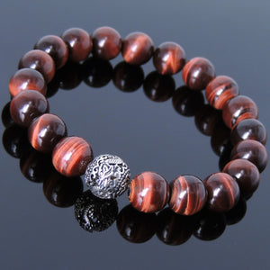 10mm Red Tiger Eye Healing Gemstone Bracelet with S925 Sterling Silver Dragon Protection Bead - Handmade by Gem & Silver BR927