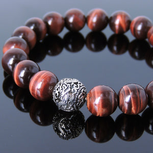 10mm Red Tiger Eye Healing Gemstone Bracelet with S925 Sterling Silver Dragon Protection Bead - Handmade by Gem & Silver BR927