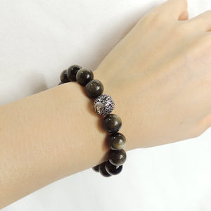10mm Golden Obsidian Healing Gemstone Bracelet with S925 Sterling Silver Dragon Protection Bead - Handmade by Gem & Silver BR930