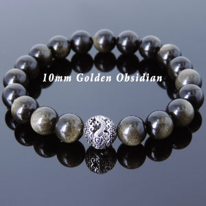 10mm Golden Obsidian Healing Gemstone Bracelet with S925 Sterling Silver Dragon Protection Bead - Handmade by Gem & Silver BR930