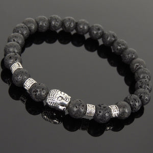 Lava Rock Healing Stone Bracelet with Tibetan Silver Sakyamuni Buddha & OM Meditation Spacer Beads - Handmade by Gem & Silver TSB307
