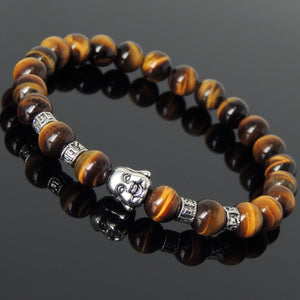 Brown Tiger Eye Healing Gemstone Bracelet with Tibetan Silver Smiling Buddha & OM Meditation Spacer Beads - Handmade by Gem & Silver TSB314