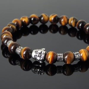 Brown Tiger Eye Healing Gemstone Bracelet with Tibetan Silver Smiling Buddha & OM Meditation Spacer Beads - Handmade by Gem & Silver TSB314