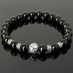 Bright Black Onyx Healing Gemstone Bracelet with Tibetan Silver Lotus Bead & OM Meditation Spacer Beads - Handmade by Gem & Silver TSB309