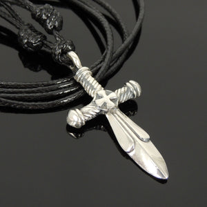 Adjustable Wax Rope Necklace with S925 Sterling Silver Sword Pendant - Handmade by Gem & Silver NK157