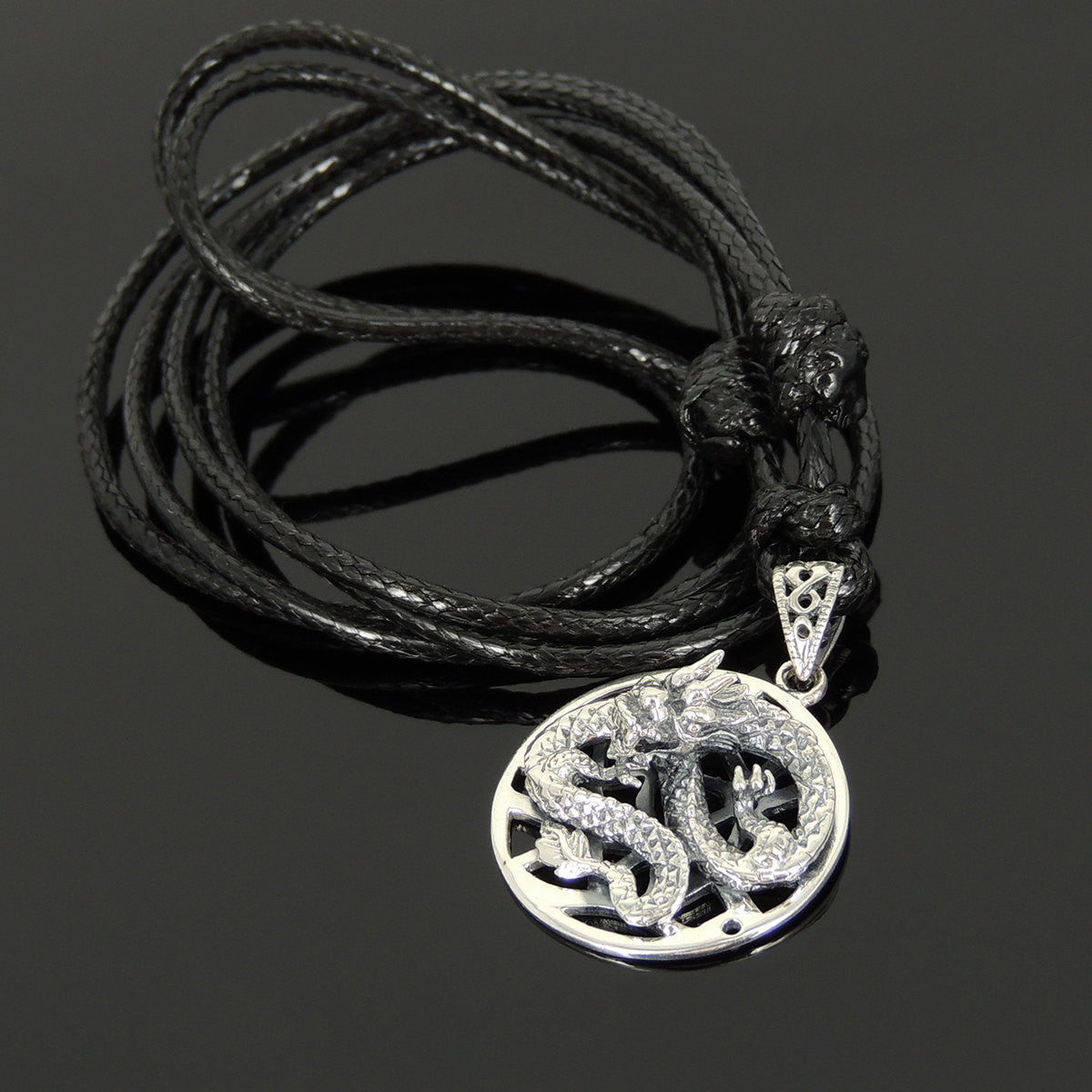 Adjustable Wax Rope Necklace with S925 Sterling Silver 3D Dragon Pendant - Handmade by Gem & Silver NK161