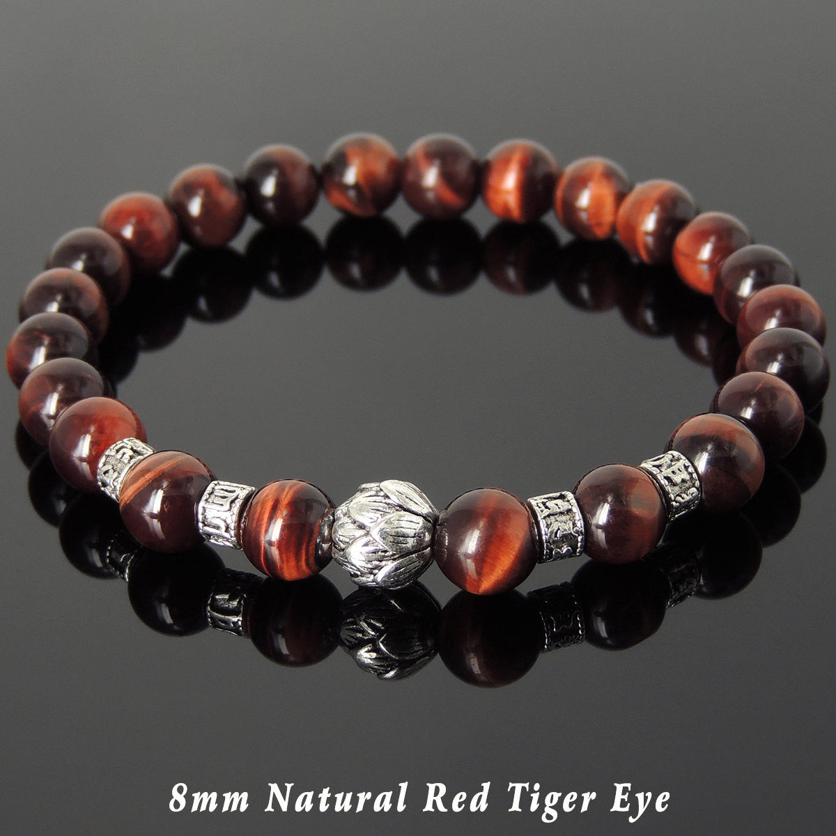 8mm Red Tiger Eye Healing Gemstone Bracelet with Tibetan Silver Lotus Bead & OM Meditation Spacer Beads - Handmade by Gem & Silver TSB317
