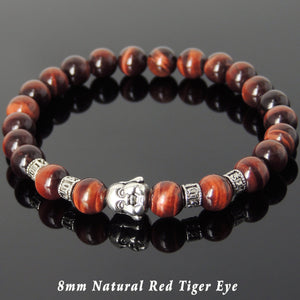 Red Tiger Eye Healing Gemstone Bracelet with Tibetan Silver Happy Buddha & OM Meditation Spacer Beads - Handmade by Gem & Silver TSB318