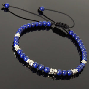 4mm Lapis Lazuli Adjustable Braided Gemstone Bracelet with S925 Sterling Silver Nugget Beads - Handmade by Gem & Silver BR950