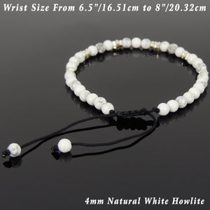 4mm White Howlite Adjustable Braided Gemstone Bracelet with S925 Sterling Silver Nugget Beads  - Handmade by Gem & Silver BR952