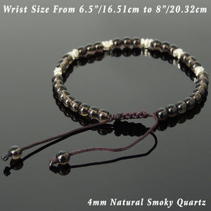 4mm Smoky Quartz Adjustable Braided Gemstone Bracelet with S925 Sterling Silver Nugget Beads - Handmade by Gem & Silver BR957