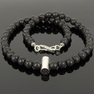 8mm Lava Rock Healing Stone Necklace with S925 Sterling Silver Simple Protection Barrel Bead & S-Hook Clasp - Handmade by Gem & Silver NK174