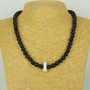 8mm Lava Rock Healing Stone Necklace with S925 Sterling Silver Simple Protection Barrel Bead & S-Hook Clasp - Handmade by Gem & Silver NK174