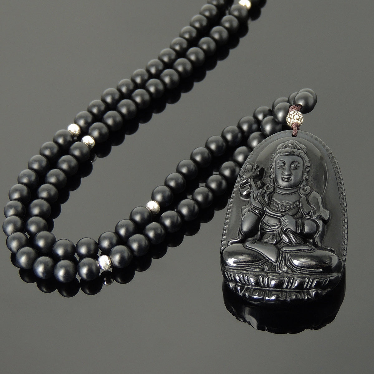 Matte Black Onyx & Black Obsidian Guanyin Buddha Pendant Adjustable Braided Necklace with S925 Sterling Silver Spacer Beads - Handmade by Gem & Silver NK176