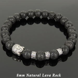 Lava Rock Healing Stone Bracelet with Tibetan Silver Guanyin Buddha & OM Meditation Spacer Beads - Handmade by Gem & Silver TSB320
