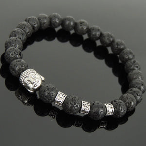 Lava Rock Healing Stone Bracelet with Tibetan Silver Guanyin Buddha & OM Meditation Spacer Beads - Handmade by Gem & Silver TSB320