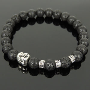 8mm Lava Rock Healing Stone Bracelet with Tibetan Silver Happy Buddha & OM Meditation Spacer Beads - Handmade by Gem & Silver TSB322