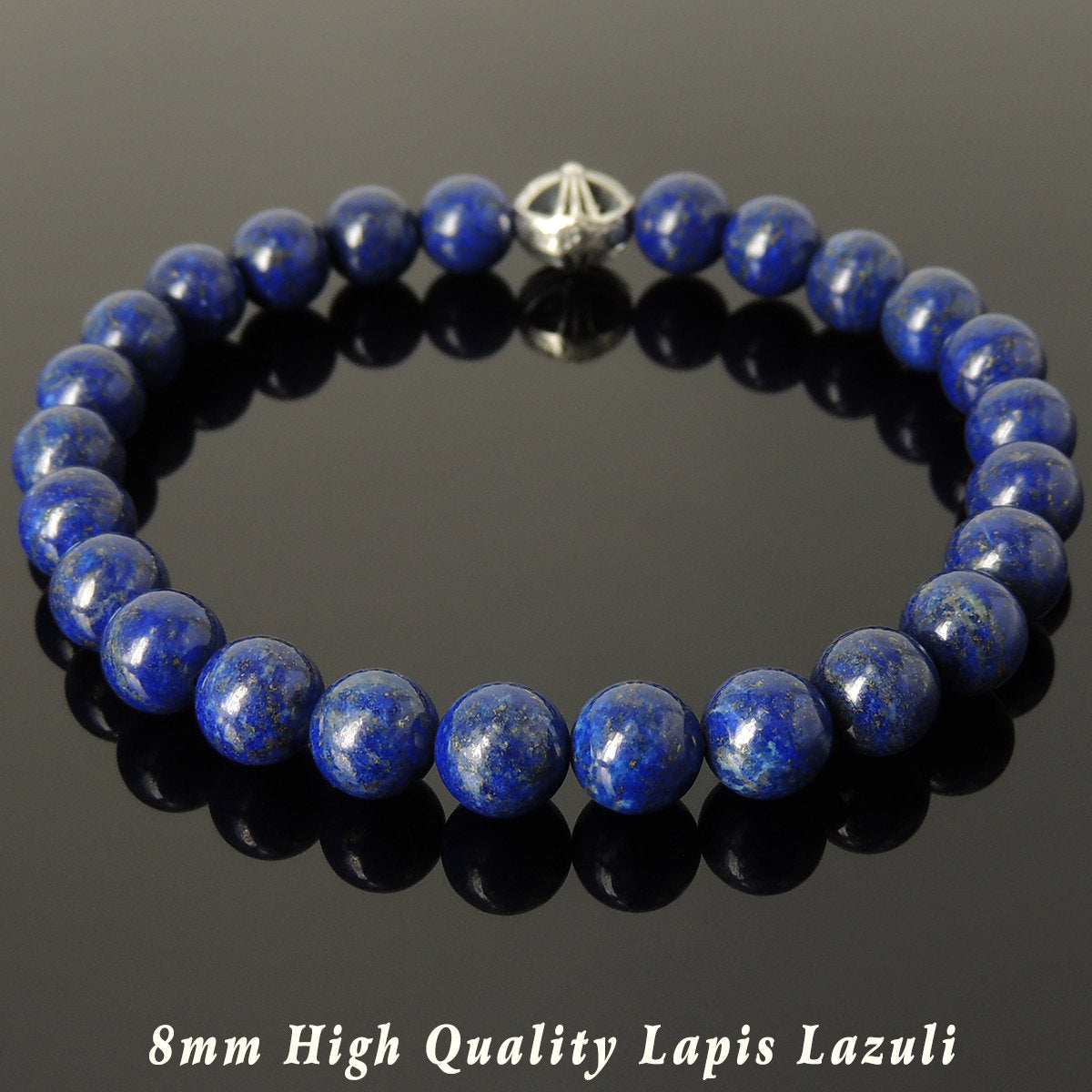 8mm Lapis Lazuli Healing Gemstone Bracelet with S925 Sterling Silver Round Gothic Cross Bead - Handmade by Gem & Silver BR303