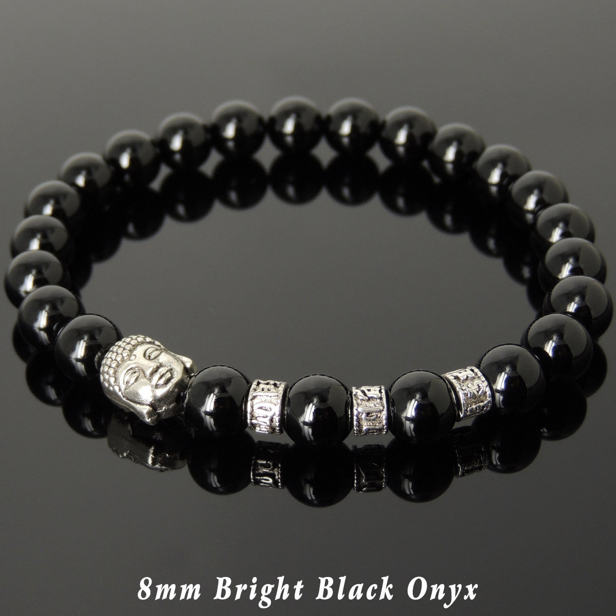 Bright Black Onyx Healing Gemstone Bracelet with Tibetan Silver Guayin Buddha & OM Meditation Spacer Beads - Handmade by Gem & Silver TSB324