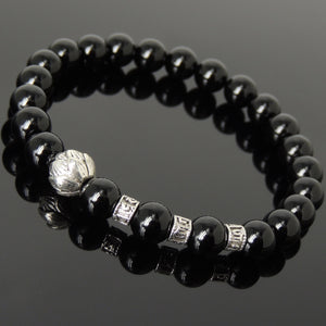 Bright Black Onyx Healing Gemstone Bracelet with Tibetan Silver Lotus Bead & OM Meditation Spacer Beads - Handmade by Gem & Silver TSB325