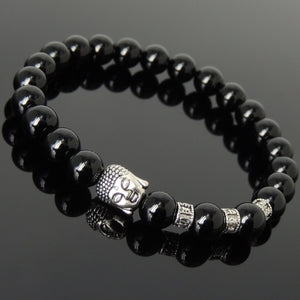 Bright Black Onyx Healing Gemstone Bracelet with Tibetan Silver Guanyin Buddha & OM Meditation Spacer Beads - Handmade by Gem & Silver TSB327