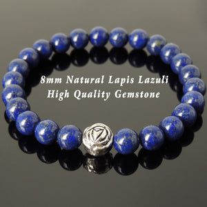 8mm Lapis Lazuli Healing Gemstone Bracelet with S925 Sterling Silver Rose Bead - Handmade by Gem & Silver BR412