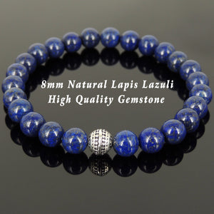 8mm Lapis Lazuli Healing Gemstone Bracelet with S925 Sterling Silver Artisan Bead - Handmade by Gem & Silver BR456