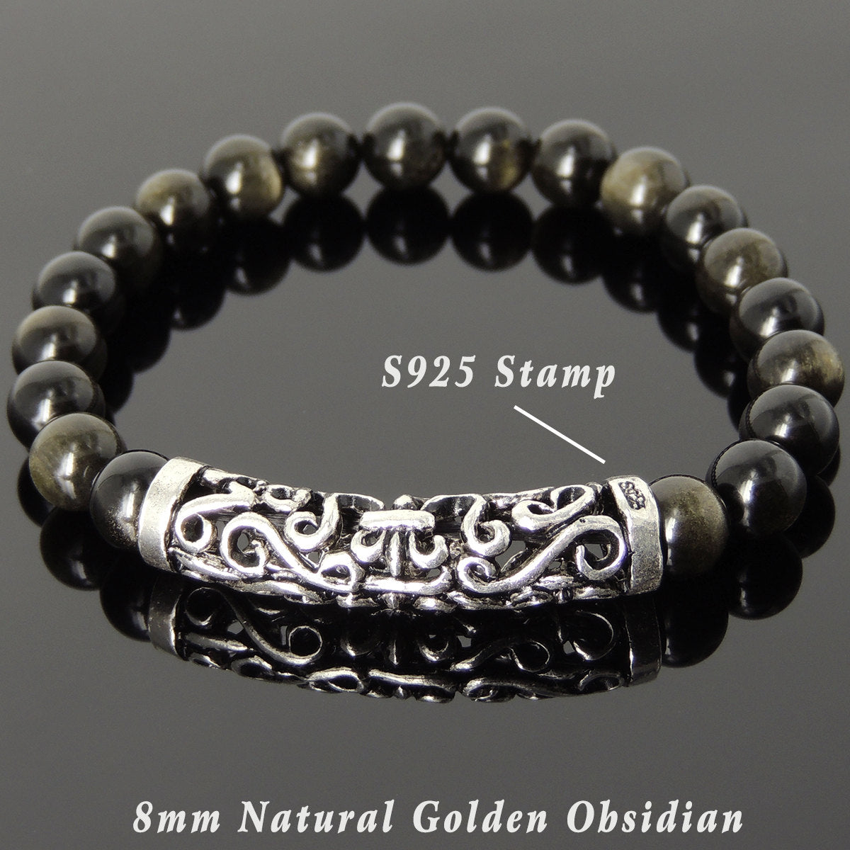 8mm Golden Obsidian Healing Gemstone Bracelet with S925 Sterling Silver Celtic Fleur de Lis Charm - Handmade by Gem & Silver BR976