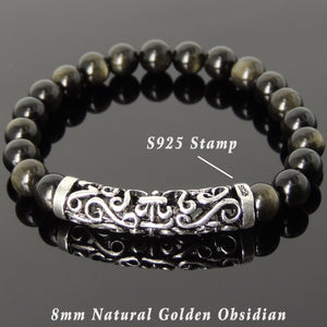 8mm Golden Obsidian Healing Gemstone Bracelet with S925 Sterling Silver Celtic Fleur de Lis Charm - Handmade by Gem & Silver BR976
