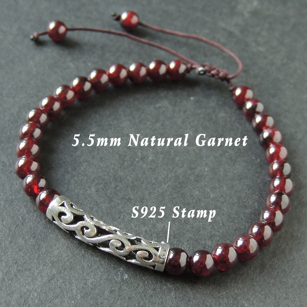 5.5mm Garnet Adjustable Braided Bracelet with S925 Sterling Silver Wave Charm - Handmade by Gem & Silver BR982