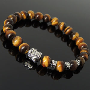 Brown Tiger Eye Healing Gemstone Bracelet with Tibetan Silver Guanyin Buddha & OM Meditation Spacer Beads - Handmade by Gem & Silver TSB332