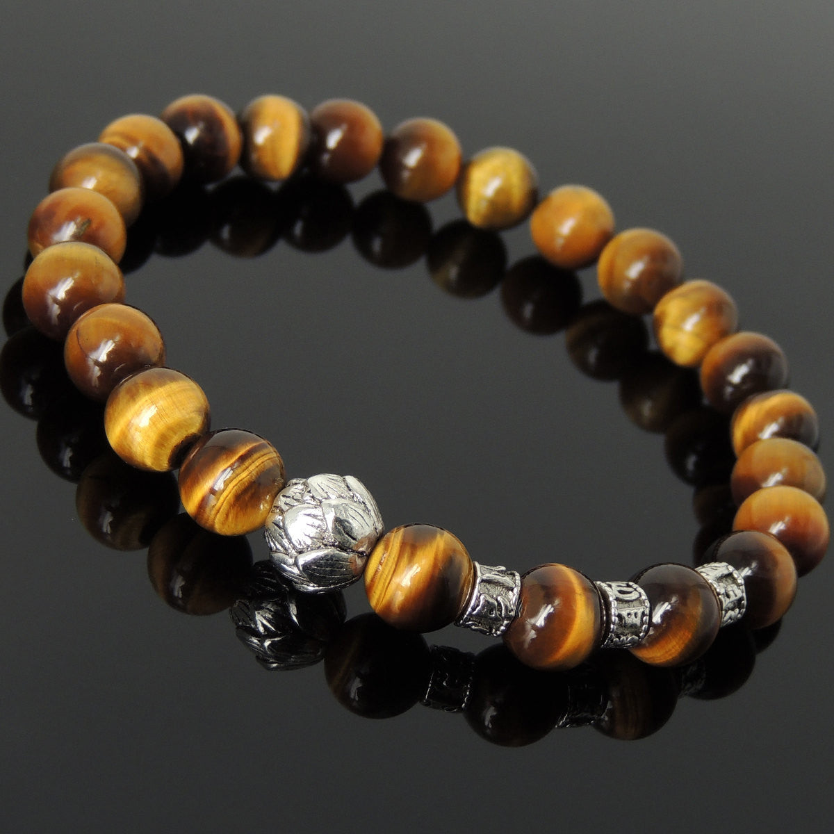 8mm Brown Tiger Eye Healing Gemstone Bracelet with Tibetan Silver Lotus Bead & OM Meditation Spacer Beads - Handmade by Gem & Silver TSB333
