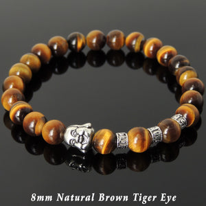 8mm Brown Tiger Eye Healing Gemstone Bracelet with Tibetan Silver Happy Buddha & OM Meditation Spacer Beads - Handmade by Gem & Silver TSB334