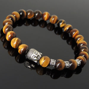 Brown Tiger Eye Healing Gemstone Bracelet with Tibetan Silver Sakyamuni Buddha & OM Meditation Spacer Beads - Handmade by Gem & Silver TSB335