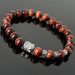 Red Tiger Eye Healing Gemstone Bracelet with Tibetan Silver Guanyin Buddha & OM Meditation Spacer Beads - Handmade by Gem & Silver TSB336