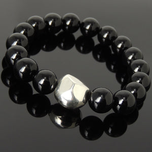 12mm Bright Black Onyx Healing Gemstone Bracelet with S925 Sterling Silver Faceted Abstract Charm - Handmade by Gem & Silver BR984