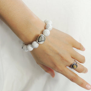 12mm White Howlite Healing Gemstone Bracelet with S925 Sterling Silver Faceted Abstract Charm - Handmade by Gem & Silver BR985