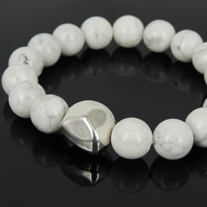 12mm White Howlite Healing Gemstone Bracelet with S925 Sterling Silver Faceted Abstract Charm - Handmade by Gem & Silver BR985