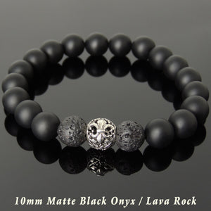 10mm Bright Black Onyx & Lava Rock Healing Stone Bracelet with S925 Sterling Silver Floral Fleur de Lis Bead - Handmade by Gem & Silver BR987