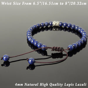 6mm Lapis Lazuli Adjustable Braided Gemstone Bracelet with S925 Sterling Silver Fleur de Lis Barrel Bead - Handmade by Gem & Silver BR771