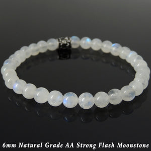 6mm Grade AA Moonstone Healing Gemstone Bracelet with S925 Sterling Silver Fleur de Lis Barrel Bead - Handmade by Gem & Silver BR1041