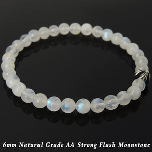 6mm Grade AA Moonstone Healing Gemstone Bracelet with S925 Sterling Silver Cross Bead - Handmade by Gem & Silver BR1042