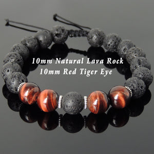 10mm Red Tiger Eye & Lava Rock Adjustable Braided Stone Bracelet with Tibetan Silver Spacers - Handmade by Gem & Silver TSB270