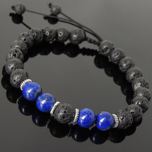 8mm Lapis Lazuli & Lava Rock Adjustable Braided Stone Bracelet with Tibetan Silver Spacers - Handmade by Gem & Silver TSB271