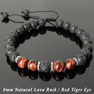 8mm Red Tiger Eye & Lava Rock Adjustable Braided Stone Bracelet with Tibetan Silver Spacers - Handmade by Gem & Silver TSB273