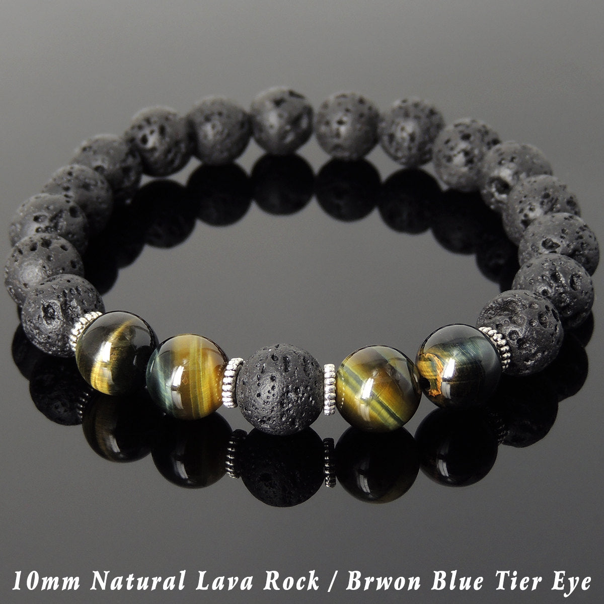 10mm Brown Blue Tiger Eye & Lava Rock Healing Stone Bracelet with Tibetan Silver Spacers - Handmade by Gem & Silver TSB279