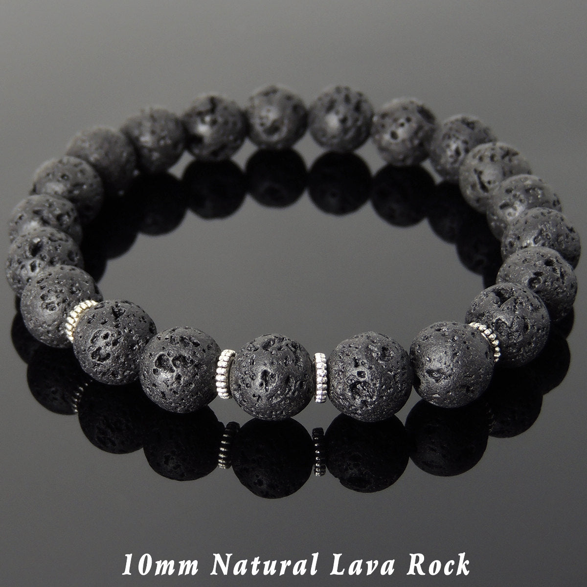 10mm Lava Rock Healing Stone Bracelet with Tibetan Silver Spacers - Handmade by Gem & Silver TSB280