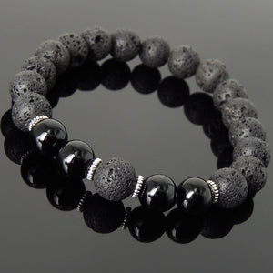 10mm Bright Black Onyx & Lava Rock Healing Stone Bracelet with Tibetan Silver Spacers - Handmade by Gem & Silver TSB282